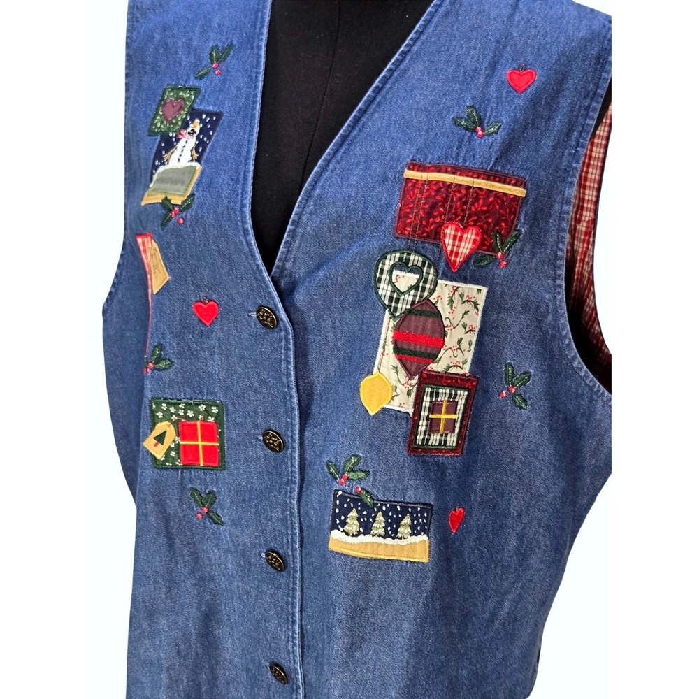 Women's Karen Scott XL Denim Holiday Vest Patchwork Christmas Snowman Kitcsh - Picture 2 of 4